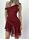 Liber Women's Summer Beach Ruffle One Shoulder Asymmetric Short Dress