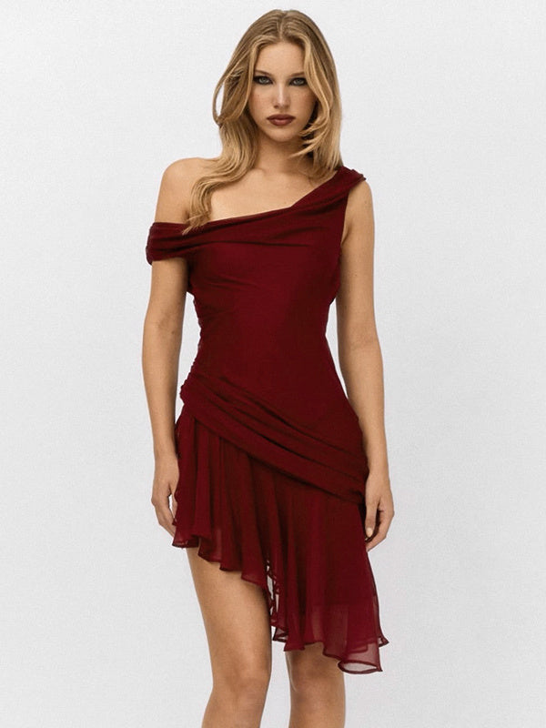Liber Women's Summer Beach Ruffle One Shoulder Asymmetric Short Dress