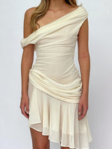 Liber Women's Summer Beach Ruffle One Shoulder Asymmetric Short Dress
