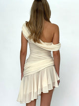 Liber Women's Summer Beach Ruffle One Shoulder Asymmetric Short Dress
