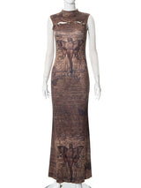 Liber Women's Summer Hot Girl Vacation Print Sleeveless Maxi Dress