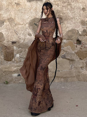 Liber Women's Summer Hot Girl Vacation Print Sleeveless Maxi Dress