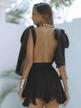 Liber Women's Summer Beach Mesh V-neck Backless Short Dresses