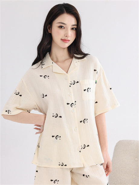 LiberSS women's daily casual printed cuff collar short sleeve Sleepwear