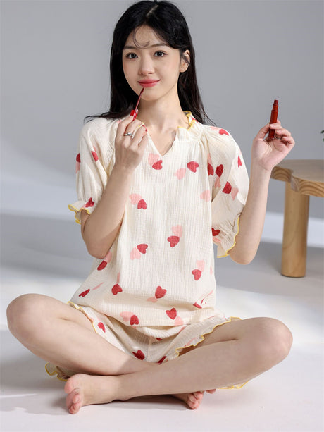 LiberSS women's daily casual printed V-neck short-sleeved Sleepwear