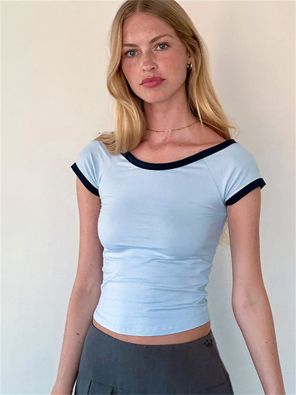 Liber Women's Summer Y2K Solid Color Round Neck Short Sleeve T-shirt