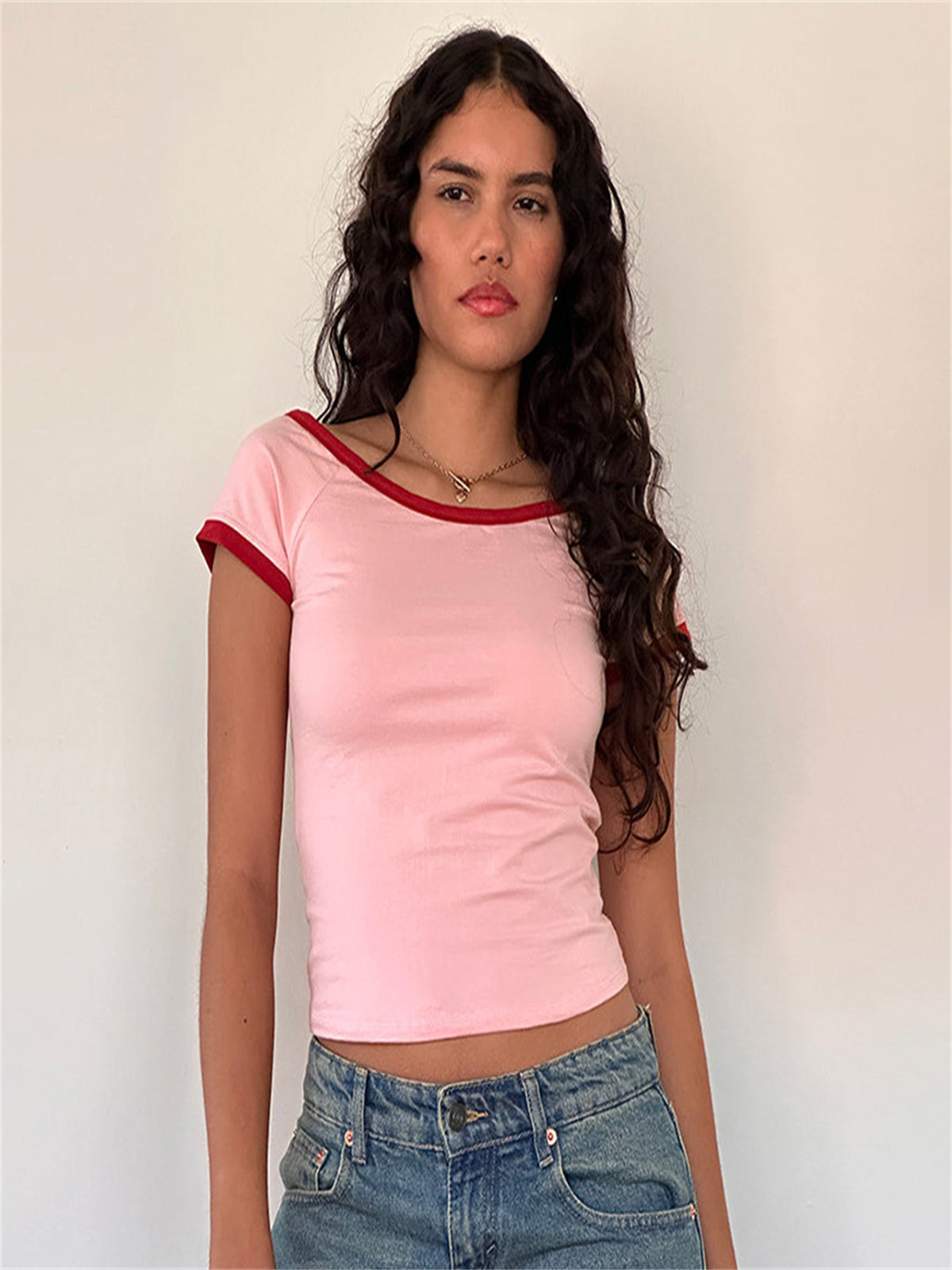 Liber Women's Summer Y2K Solid Color Round Neck Short Sleeve T-shirt
