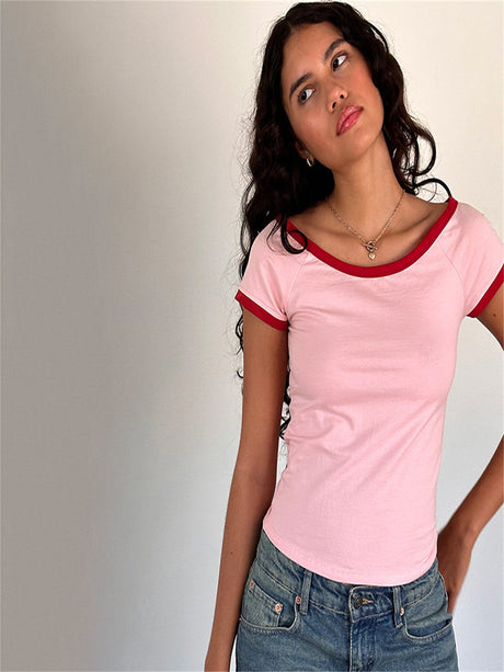 Liber Women's Summer Y2K Solid Color Round Neck Short Sleeve T-shirt