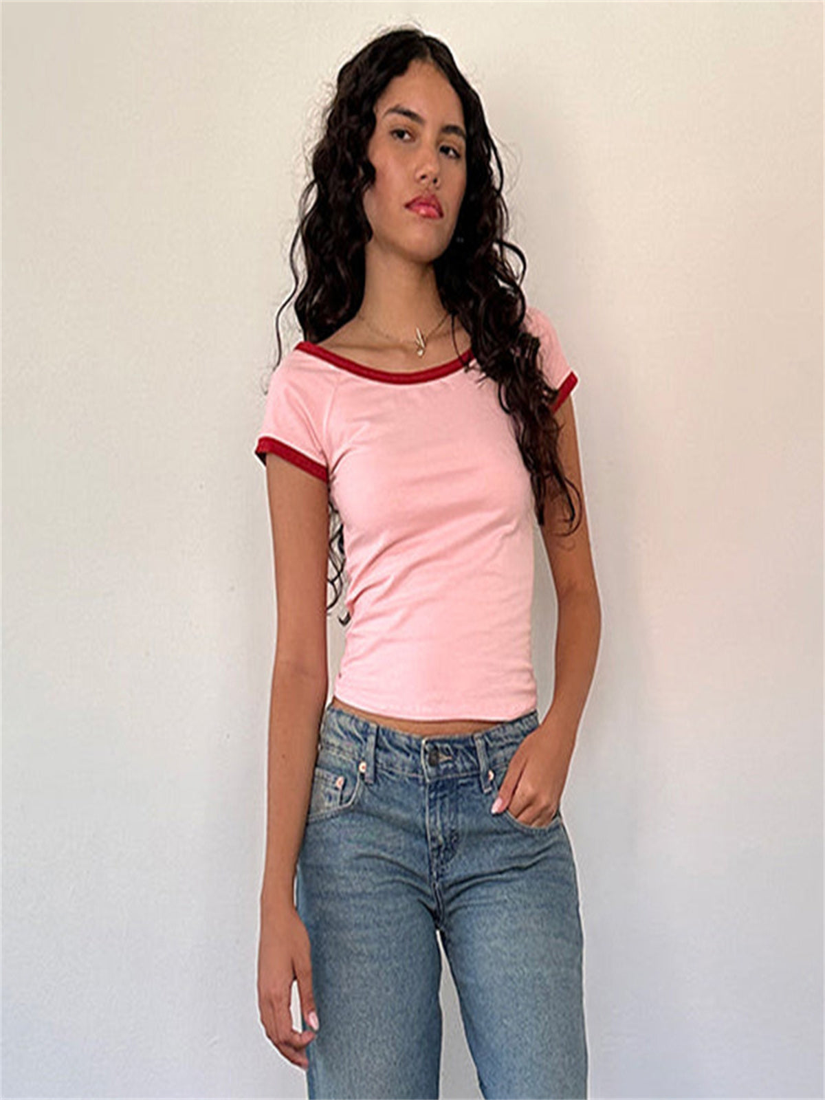 Liber Women's Summer Y2K Solid Color Round Neck Short Sleeve T-shirt
