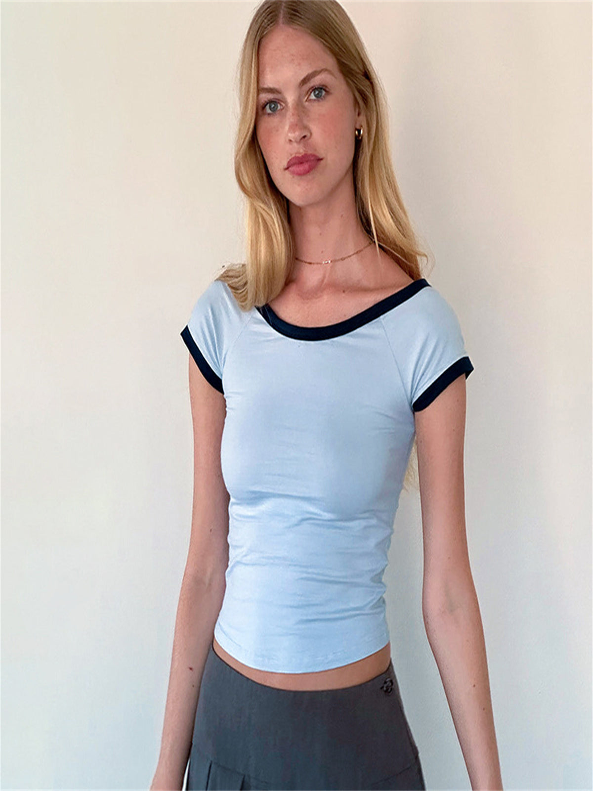 Liber Women's Summer Y2K Solid Color Round Neck Short Sleeve T-shirt