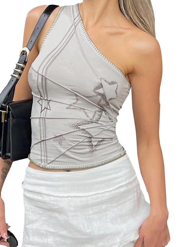 Liber Women's Summer Y2K Printed Slant Collar Sleeveless Slim Fit Camisole