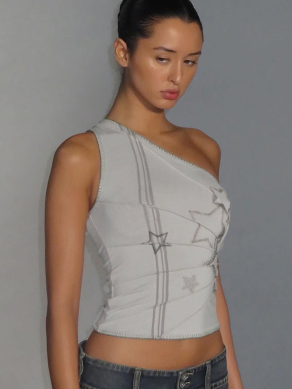 Liber Women's Summer Y2K Printed Slant Collar Sleeveless Slim Fit Camisole
