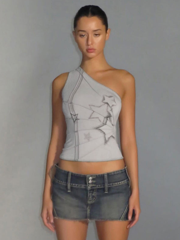 Liber Women's Summer Y2K Printed Slant Collar Sleeveless Slim Fit Camisole
