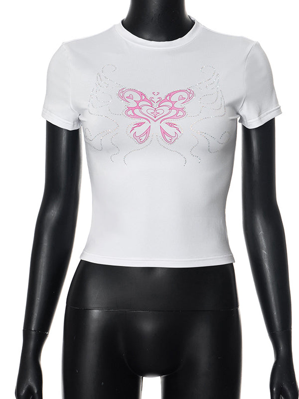 Liber Women's Summer Y2K Butterfly Printed Rhinestone T-Shirt