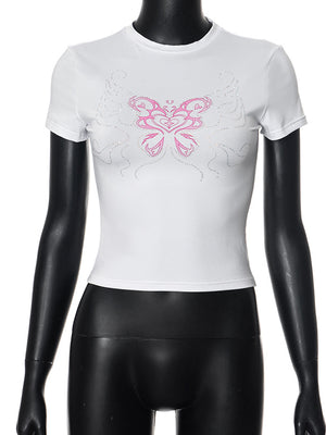 Liber Women's Summer Y2K Butterfly Printed Rhinestone T-Shirt