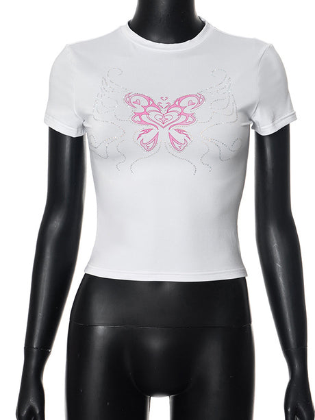 Liber Women's Summer Y2K Butterfly Printed Rhinestone T-Shirt