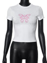 Liber Women's Summer Y2K Butterfly Printed Rhinestone T-Shirt