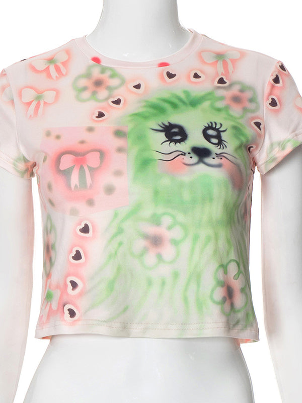 Liber Women's Summer Y2K Printed Round Neck Short Sleeve Slim Fit T-Shirt
