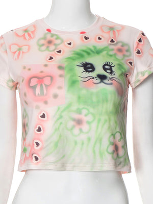 Liber Women's Summer Y2K Printed Round Neck Short Sleeve Slim Fit T-Shirt