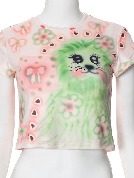 Liber Women's Summer Y2K Printed Round Neck Short Sleeve Slim Fit T-Shirt
