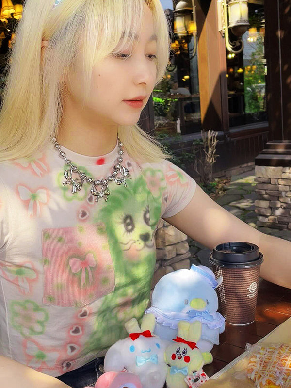 Liber Women's Summer Y2K Printed Round Neck Short Sleeve Slim Fit T-Shirt