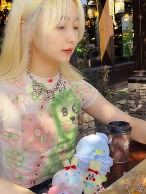 Liber Women's Summer Y2K Printed Round Neck Short Sleeve Slim Fit T-Shirt