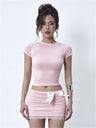 Liber Women's Summer Y2K Solid T-shirt and Lace Patchwork Skirt 2-piece Set