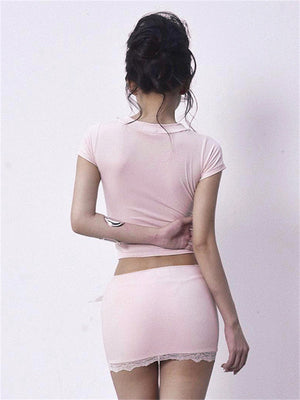 Liber Women's Summer Y2K Solid T-shirt and Lace Patchwork Skirt 2-piece Set
