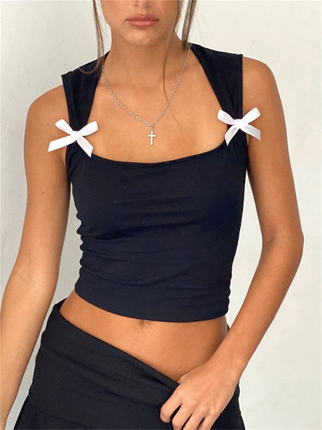 Liber Women's Summer Y2K Solid Bow Tie Tank Top
