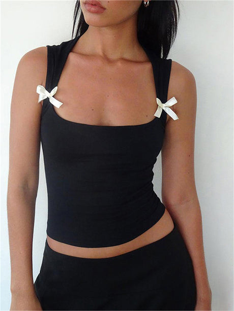 Liber Women's Summer Y2K Solid Bow Tie Tank Top