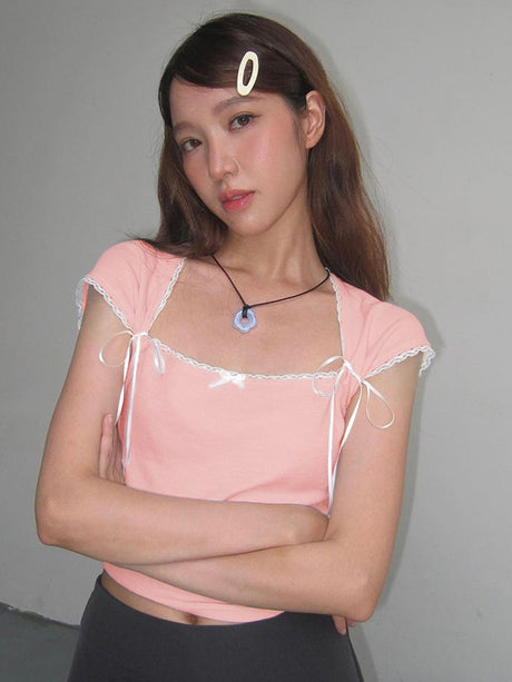 Liber Women's Summer Square Collar Lace Patchwork T-shirt