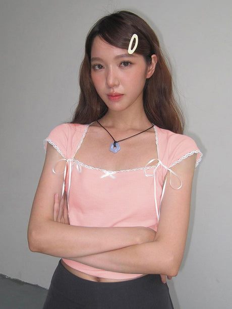 Liber Women's Summer Square Collar Lace Patchwork T-shirt