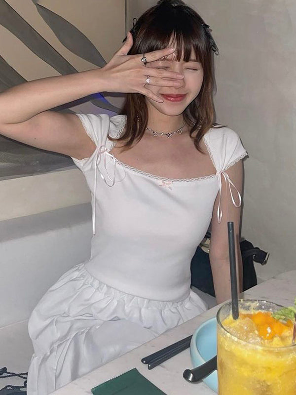 Liber Women's Summer Square Collar Lace Patchwork T-shirt