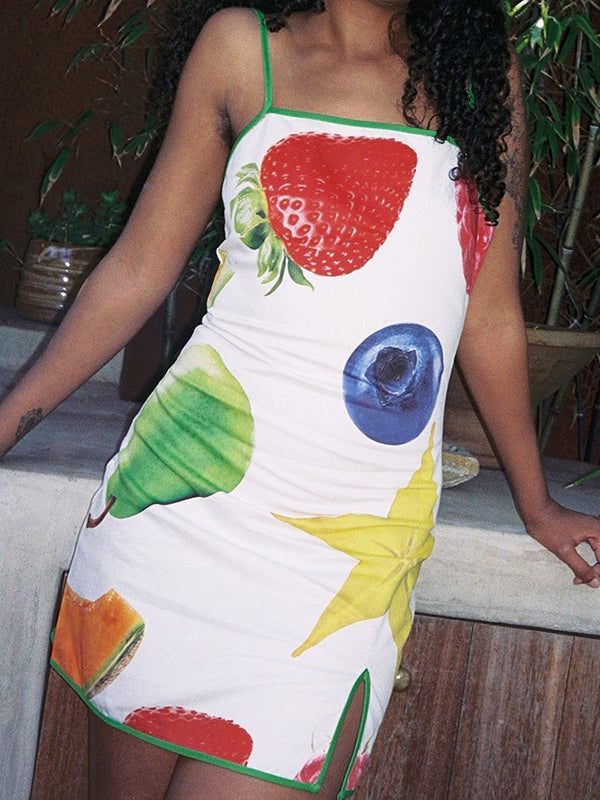 Liber Women's Summer Y2K Fruit Printed Strapped Short Dresses