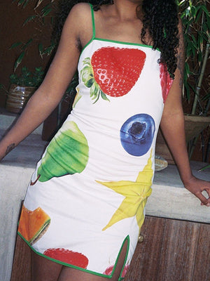 Liber Women's Summer Y2K Fruit Printed Strapped Short Dresses