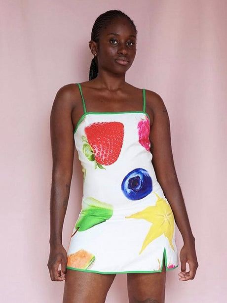 Liber Women's Summer Y2K Fruit Printed Strapped Short Dresses