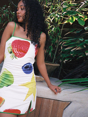 Liber Women's Summer Y2K Fruit Printed Strapped Short Dresses
