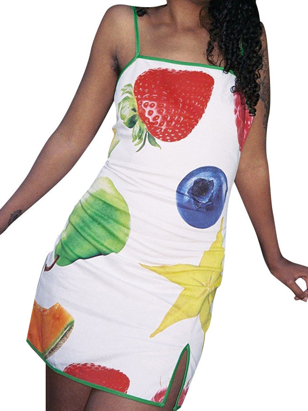 Liber Women's Summer Y2K Fruit Printed Strapped Short Dresses