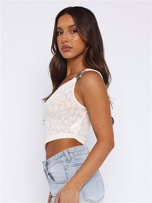 Liber Women's Summer Y2K Solid Slant Collar Lace Tube Top