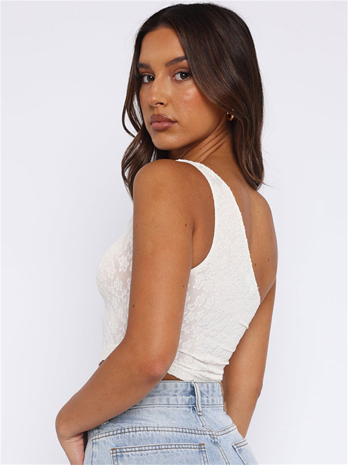 Liber Women's Summer Y2K Solid Slant Collar Lace Tube Top