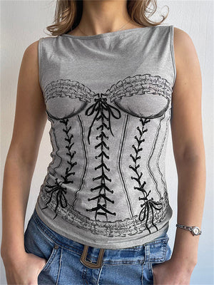 Liber Women's Summer Y2K Printed Round Neck Sleeveless Slim Fit Camisole