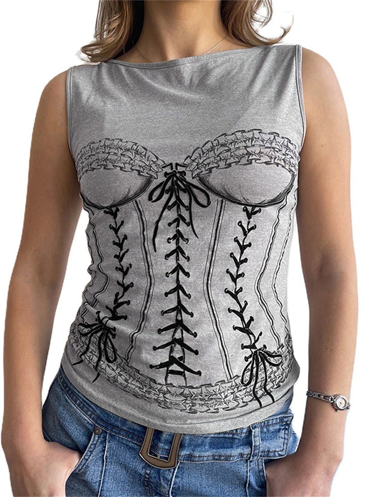 Liber Women's Summer Y2K Printed Round Neck Sleeveless Slim Fit Camisole