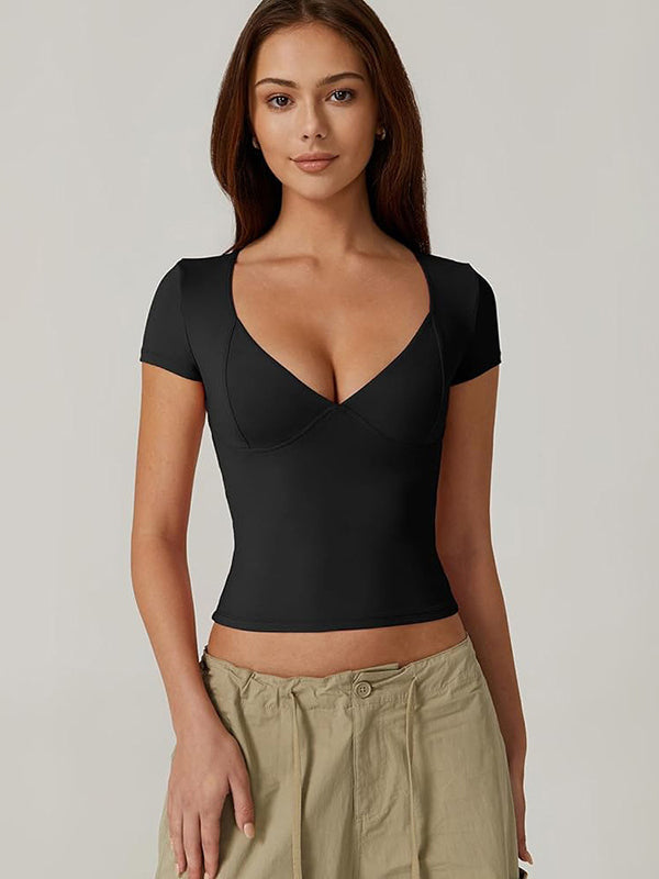 Liber Women's Summer Y2K Solid Color V-Neck Short Sleeve Tank Top