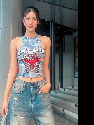Liber Women's Summer Y2K Printed Round Neck Tank Top