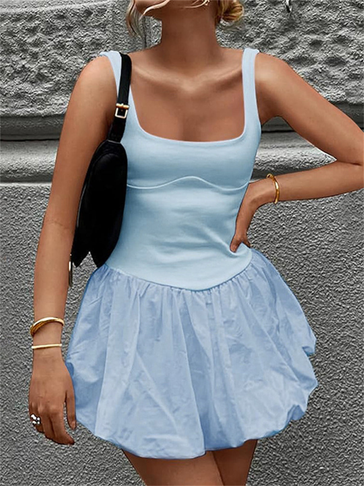 Liber Women's Summer Solid Square Neck Patchwork Short Dresses