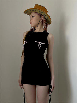 Liber Women's Summer Y2K Bow Tie Lace-Up Design Mine Dress