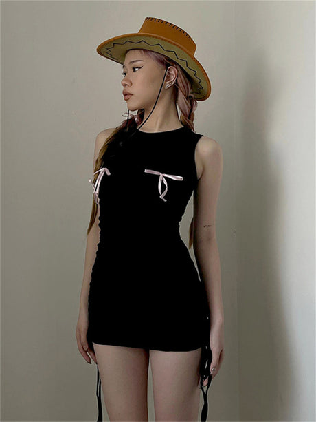 Liber Women's Summer Y2K Bow Tie Lace-Up Design Mine Dress