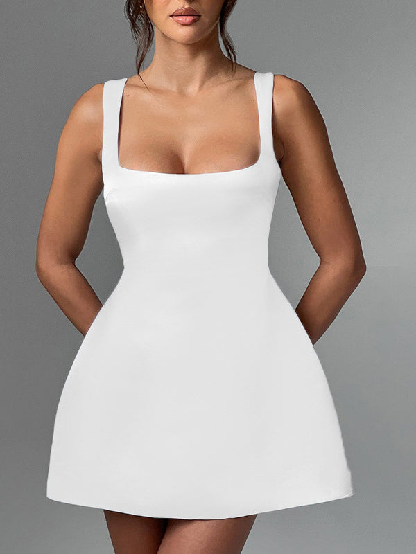 Liber Women's Summer Y2K Solid Square Neck Strapped Short Dresses