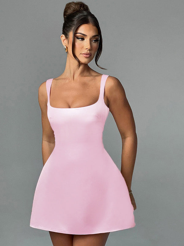 Liber Women's Summer Y2K Solid Square Neck Strapped Short Dresses