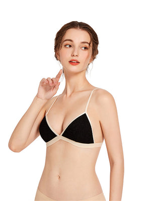 Liber Women's Contrast Color Hemming, Lace 1/2 Cup Wire-Free Push-Up Bra